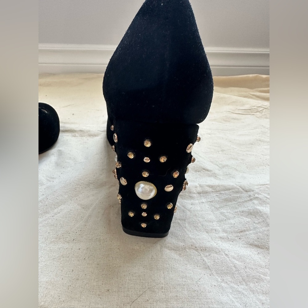 Black Velvet Pumps with Pearl & Gem Embellished - Picture 9 of 10